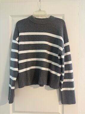 H&M Gray and White Striped Crewneck Sweater